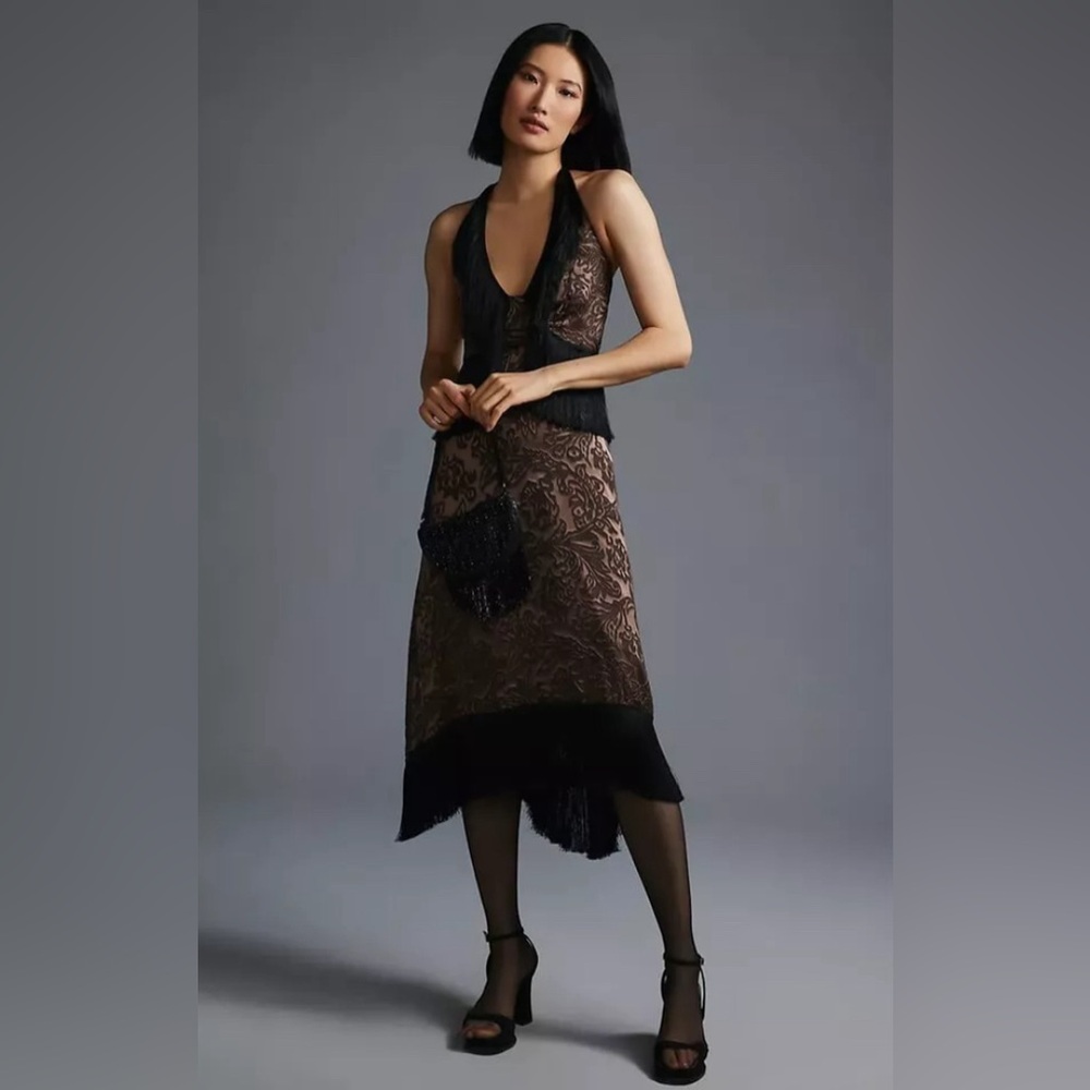 Anthropologie Brown Lace-Overlay Midi Dress with Black Trim